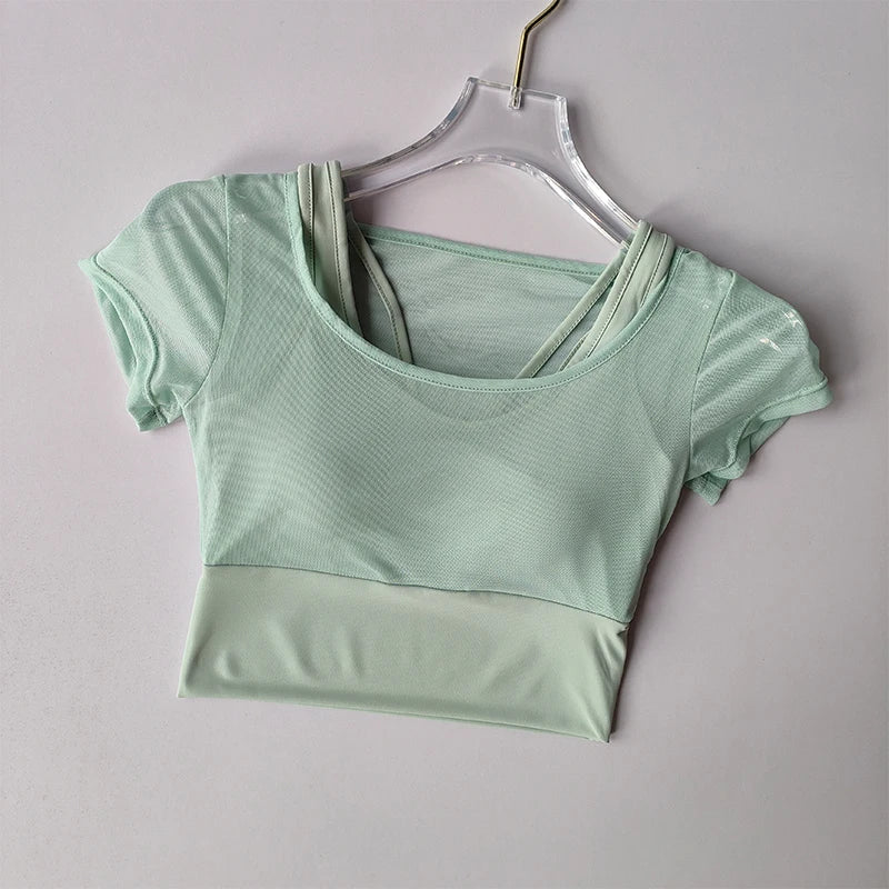 Women's Pilates Training Fitness Suit Chest Cushion Yoga Suit Top Quick Drying High-end Feeling Sports Short Sleeved Breathable Zen fit plus