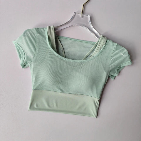 Women's Pilates Training Fitness Suit Chest Cushion Yoga Suit Top Quick Drying High-end Feeling Sports Short Sleeved Breathable Zen fit plus