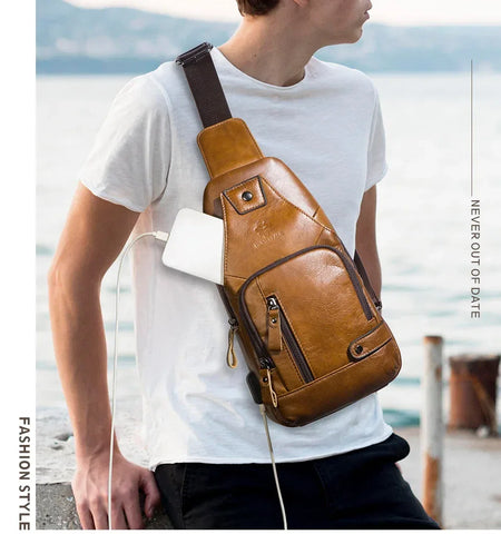 HUMERPAUL Men's Usb Chest Bag 100% Genuine Leather Crossbody Shoulder Bags Multifunction Travel Outdoor Messenger Pack Fashion - Zen Fit Plus