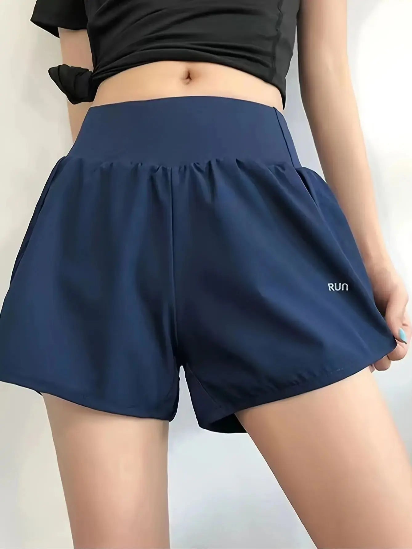 Fashion sports shorts women's 2 summer letters fake two double-layer anti-light fitness waist three loose quick-dry training Zen fit plus