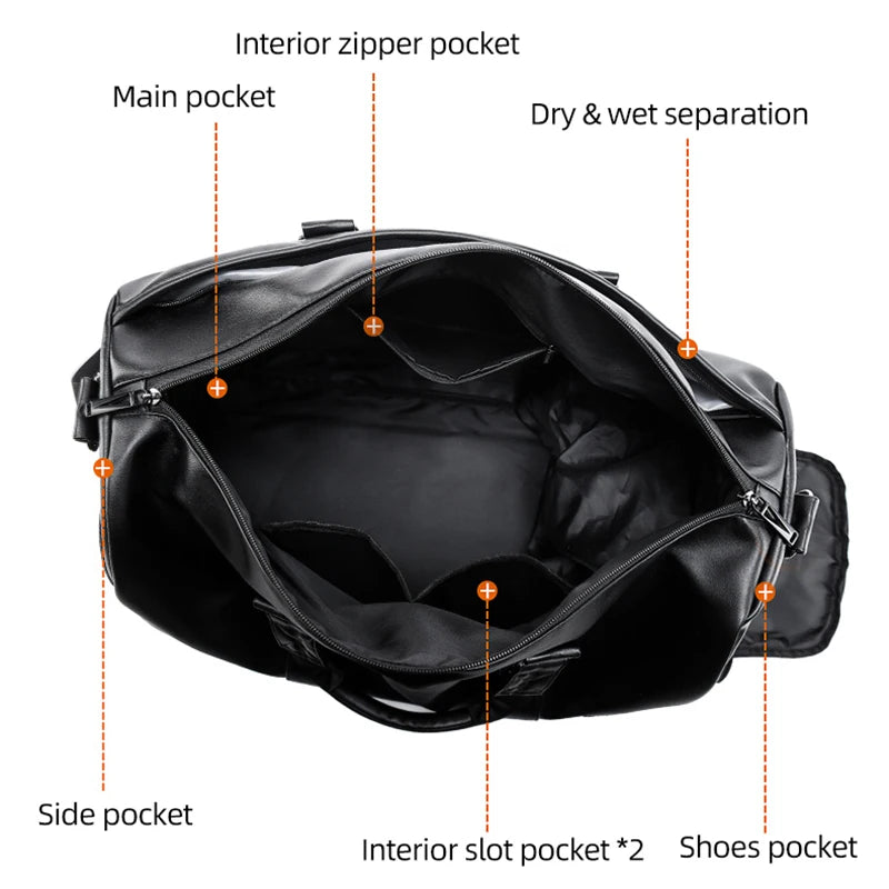 Large Sports Fitness Bag with Shoes Pocket for Men, Black Soft Leather, Big Gym Handbag, Outdoor Sports Luggage Pack, Tote Bags Zen fit plus