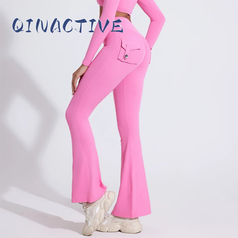 QINACTIVE Fashion Back Pocket  Flared Pants Women Tight-Fit Sexy Slim High Waist Pants Push Up Sport Fitness Flare Leggings Zen Fit Plus