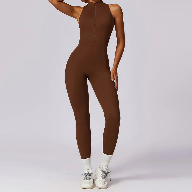 V Back One-piece Suit Women Sports Jumpsuit  Zippers Yoga Rompers Backless Sportswear Women Sleeveles Workout Bodysuits Female Zen fit plus