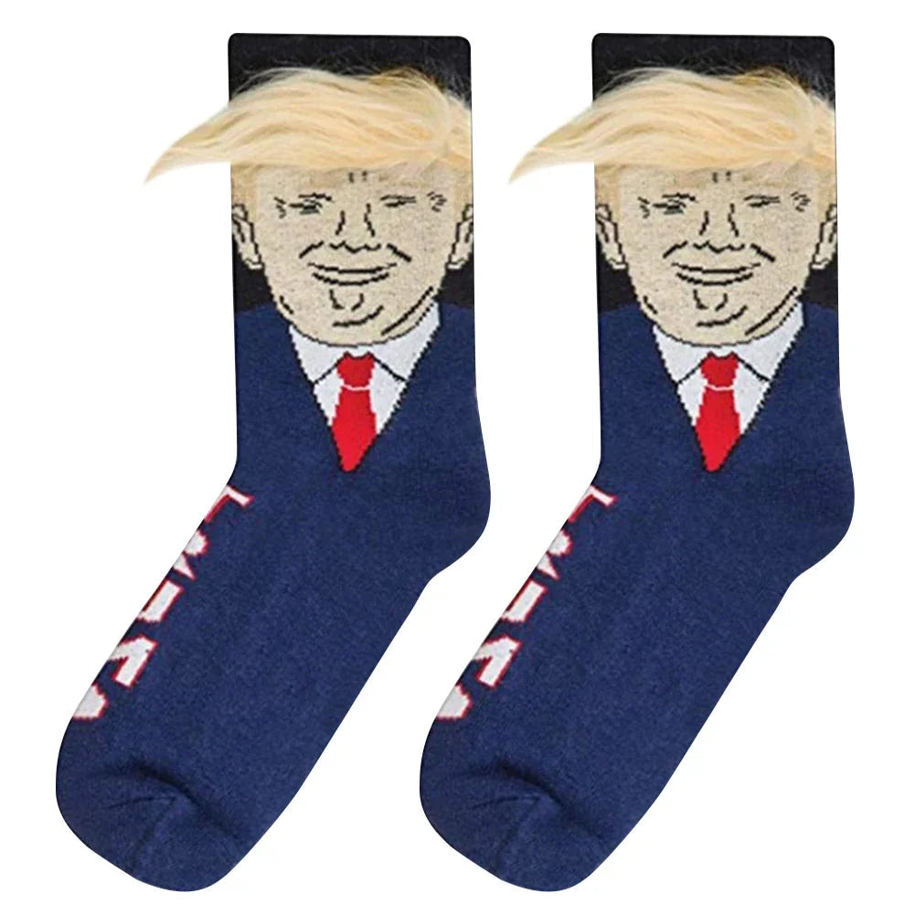 Socks Spoof Funny Donald Trump Socks With 3D Fake Hair Crew Socks Men Women Compression Socks Streetwear Hip Hop Sokken Homme Zen fit plus