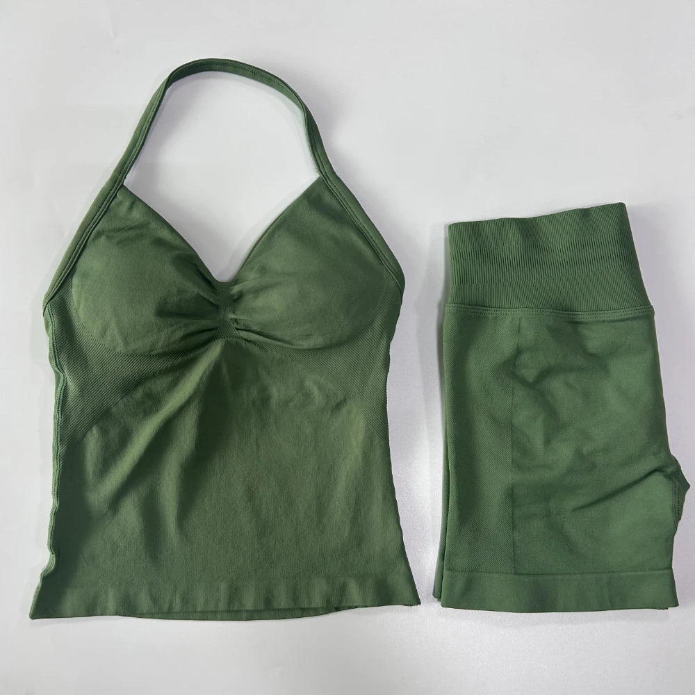2Pcs Impact Gym Set Women Backless Tank Tops High Waist Scrunch Seamless Shorts Gym Suit Fitness Clothes Activewear Workout Sets Zen fit plus
