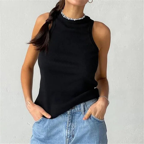 Ribbed Knitted Tops Neck Summer Basic Shirts White Black Casual Sport Vest Off Shoulder Green Women's Tank Top - Zen Fit Plus