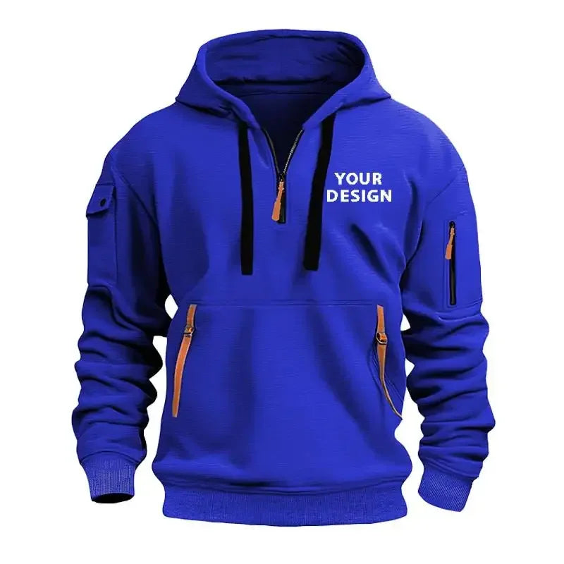 European New Men's Sports Zipper Arm Pocket Loose Casual Sweatshirt Customize Your Logo Dropped Shoulder Hooded Jacket Pullover - Zen Fit Plus
