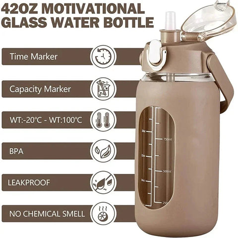 1000ML Glass Water Bottles With Straw, Glass Bottle With Silicone Sleeve And Time Marker, For Gym Camping Home Office Zen fit plus