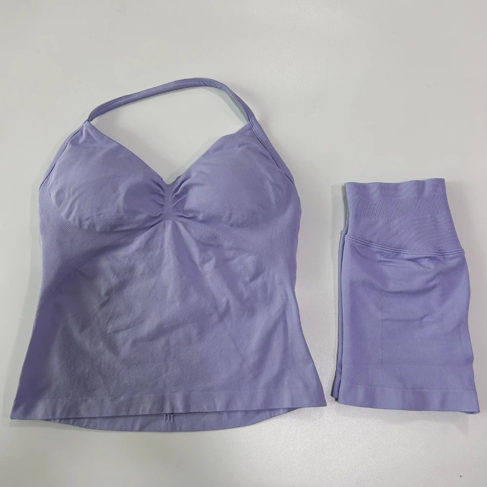 2Pcs Impact Gym Set Women Backless Tank Tops High Waist Scrunch Seamless Shorts Gym Suit Fitness Clothes Activewear Workout Sets Zen fit plus