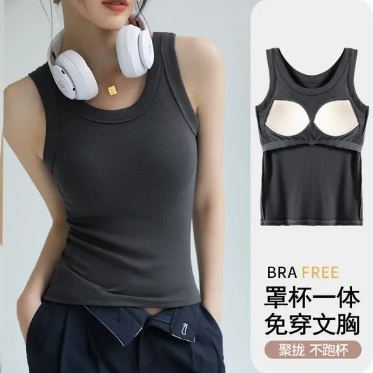 New Women Solid Round Neck Ribbed Tank Top Camisole Women Summer Basic Elastic TankTop One-piece Vest with Chest Pad Y2k Zen fit plus