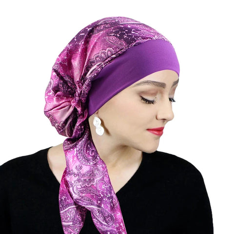 Printed Pre-tie Headscarf Women Elastic Muslim Female Turban Cancer Chemo Hat Hair Loss Cover Head Wrap Headwear Stretch Bandana Zen Fit Plus
