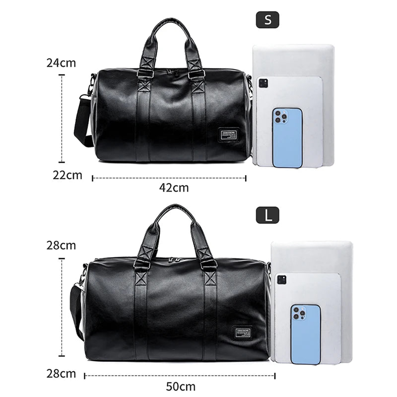 Large Sports Fitness Bag with Shoes Pocket for Men, Black Soft Leather, Big Gym Handbag, Outdoor Sports Luggage Pack, Tote Bags Zen fit plus