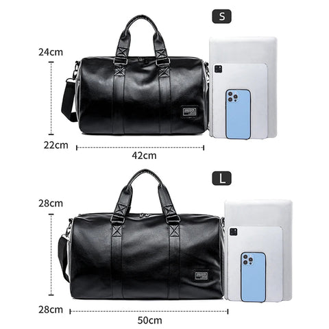 Large Sports Fitness Bag with Shoes Pocket for Men, Black Soft Leather, Big Gym Handbag, Outdoor Sports Luggage Pack, Tote Bags Zen fit plus