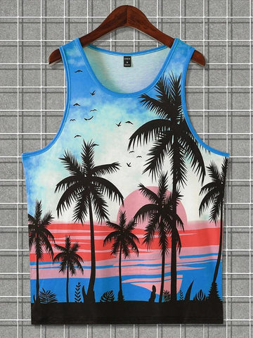 2024 New Summer Casual Men's Sleeveless T-shirt Hawaiian Style Men's Fashion Crew Neck Tank Top Outdoor Beach Men's Tank Top Zen fit plus