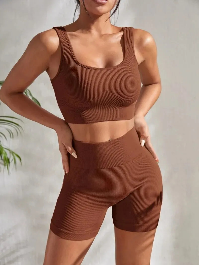 Seamless Ribbed Yoga Sets Workout Sets for Women 2 Pieces Gym Suits Ribbed Crop Tank High Waist Shorts Outfits Fitness Running Zen fit plus