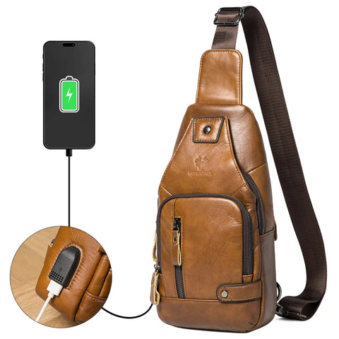 HUMERPAUL Men's Usb Chest Bag 100% Genuine Leather Crossbody Shoulder Bags Multifunction Travel Outdoor Messenger Pack Fashion Zen fit plus