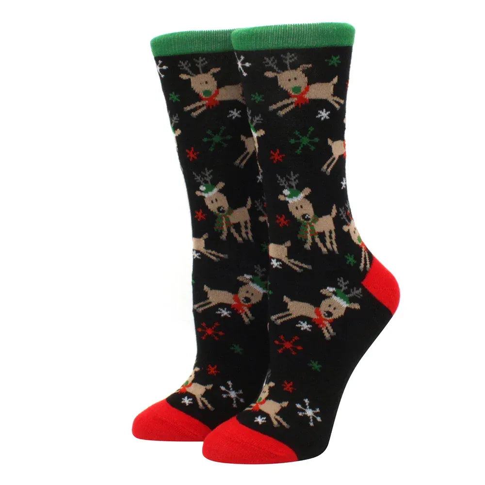 1 pair of Christmas tree, old man and reindeer fashion trend ladies Christmas medium cotton socks - Zen Fit Plus