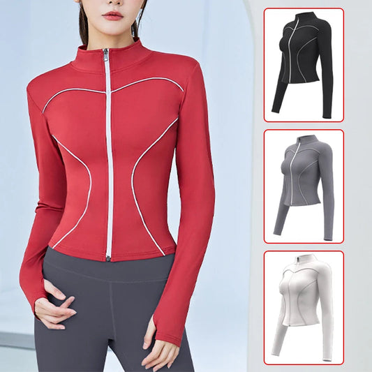 Slim Yoga Reflective Long Sleeved Women Sport Jacket Zipper Gym Fitness Coat Yoga Tops With Thumb Holes Running Cycling Jacket Zen fit plus