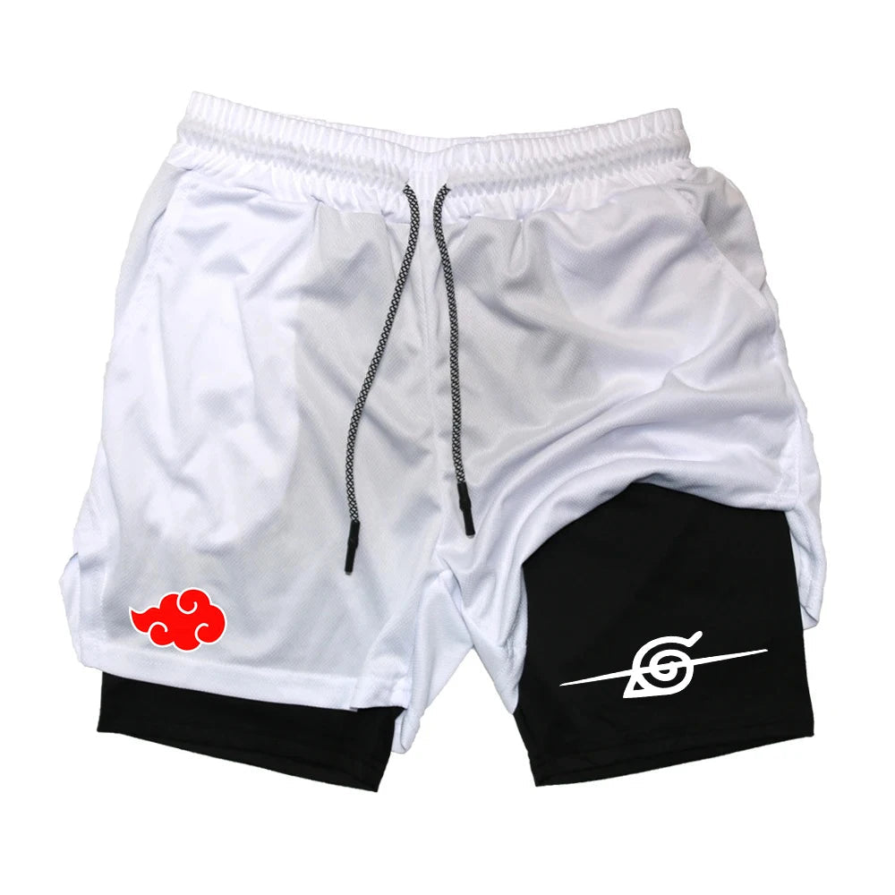 Men Anime Double Layer Shorts Gym Workout Printed Sports Multi-Performance Training Quick-Drying Jogging Pants Towel Pants M-3XL Zen fit plus
