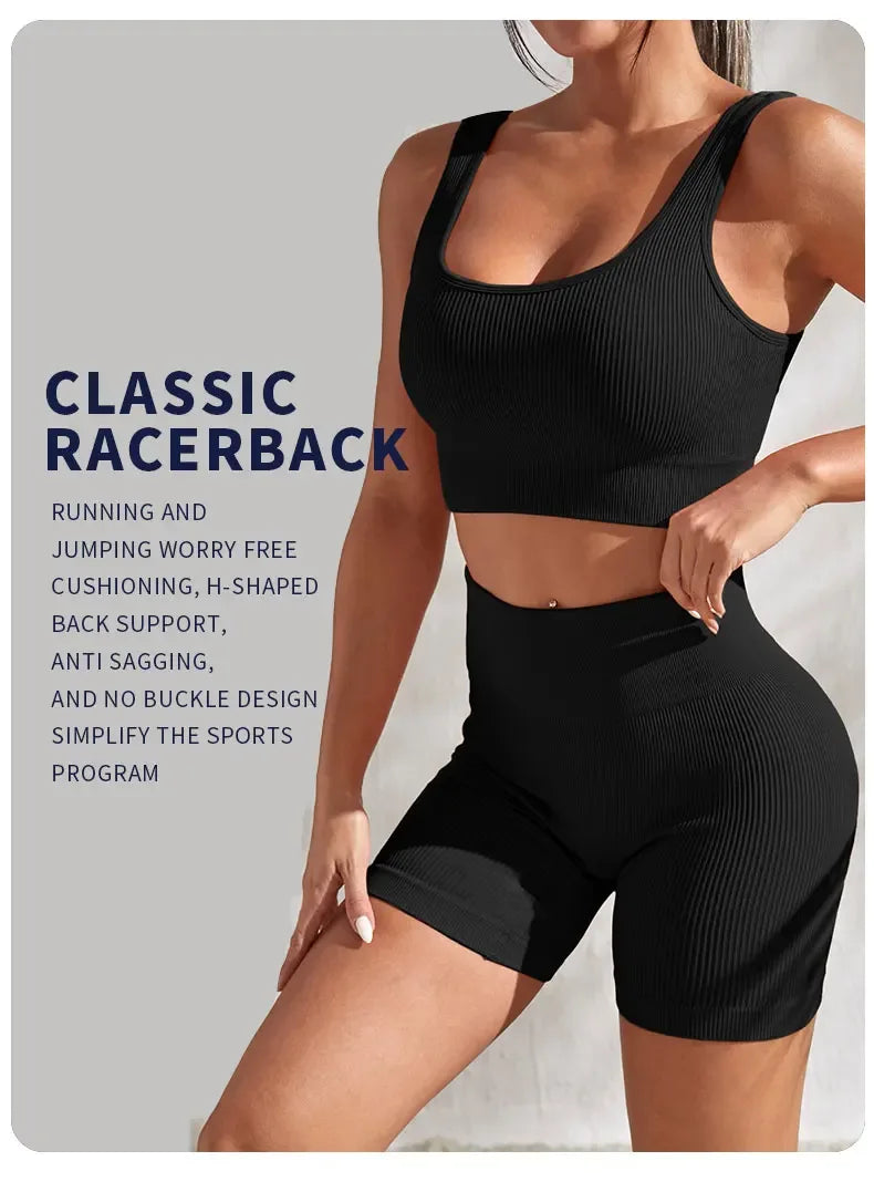 Seamless Ribbed Yoga Sets Workout Sets for Women 2 Pieces Gym Suits Ribbed Crop Tank High Waist Shorts Outfits Fitness Running - Zen Fit Plus