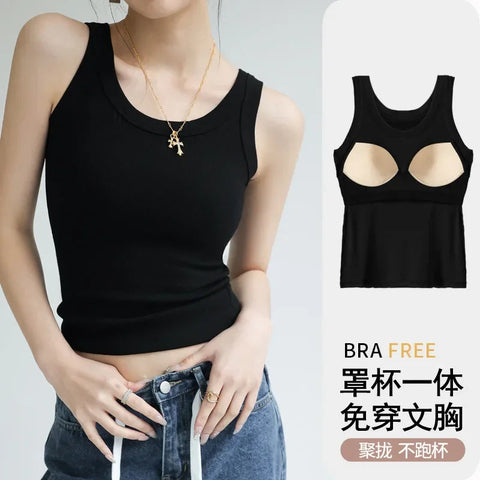 New Women Solid Round Neck Ribbed Tank Top Camisole Women Summer Basic Elastic TankTop One-piece Vest with Chest Pad Y2k Zen fit plus