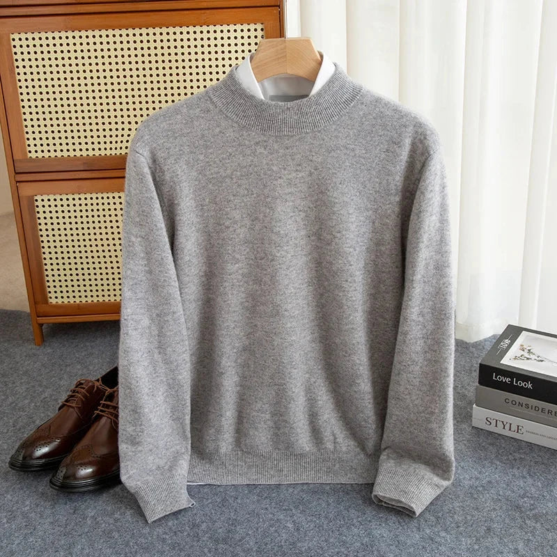 New Fashion Men's 100% Wool Pullover Half-high Collar Sweater Autumn Winter Warm Solid Color Knit Sweater Business Casual Top Zen Fit Plus