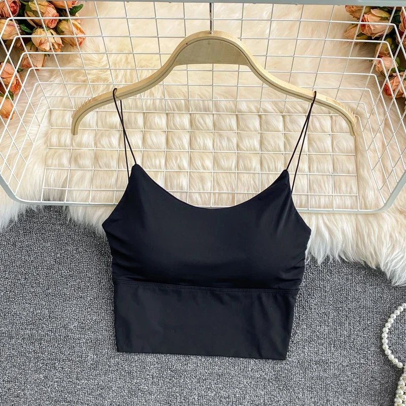 Women Crop Tops Sexy Solid Color Camisole Ice Silk Tube Top Seamless Sports Tank Top Wireless Underwear Padded Bra Bralette Vest Zen fit plus