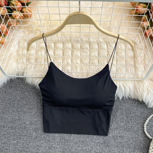 Women Crop Tops Sexy Solid Color Camisole Ice Silk Tube Top Seamless Sports Tank Top Wireless Underwear Padded Bra Bralette Vest Zen fit plus