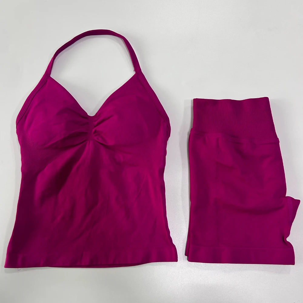 2Pcs Impact Gym Set Women Backless Tank Tops High Waist Scrunch Seamless Shorts Gym Suit Fitness Clothes Activewear Workout Sets Zen fit plus