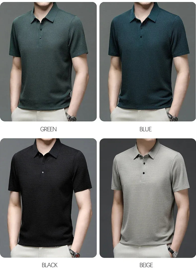 Summer New Men's Lop-up Hollow Short-sleeved Polo Tee Shirt Ice Silk Breathable Business Fashion T-Shirt Male Brand Clothes - Zen Fit Plus