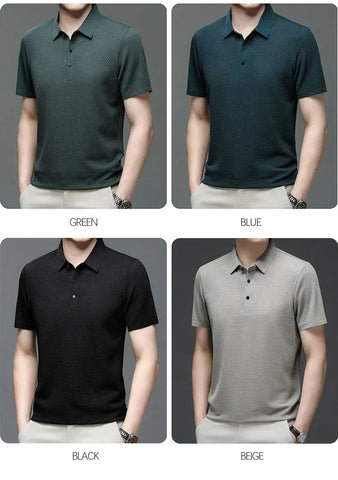 Summer New Men's Lop-up Hollow Short-sleeved Polo Tee Shirt Ice Silk Breathable Business Fashion T-Shirt Male Brand Clothes - Zen Fit Plus