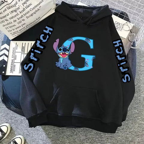 2024 Women's Winter Jacket Cute Kawaii Disney Lilo & Stitch Lucky Letter Print Black Hoodie Fashion Couple Streetwear Sportswear Zen fit plus