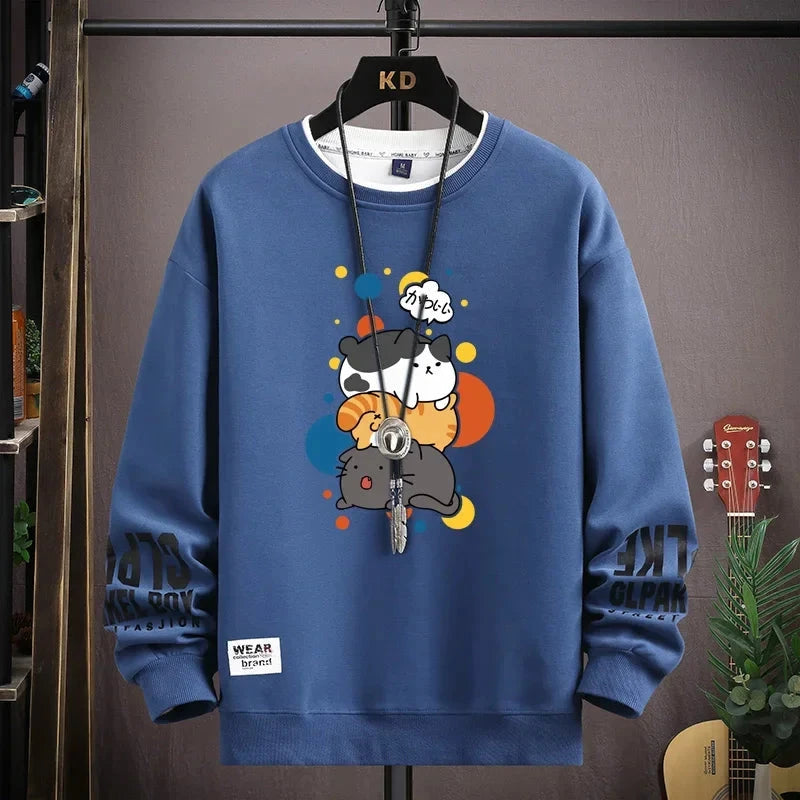 Spring Men's Sweatshirt Japan Cartoon Cats Printed Long Sleeve T-shirt Fashion Men's Clothing Khaki O Neck Harajuku Top 2024 New Zen Fit Plus