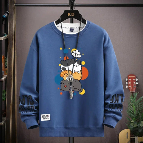 Spring Men's Sweatshirt Japan Cartoon Cats Printed Long Sleeve T-shirt Fashion Men's Clothing Khaki O Neck Harajuku Top 2024 New Zen Fit Plus