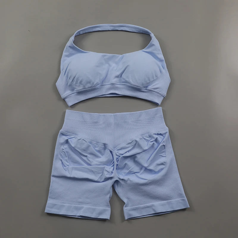 Seamless Fitness Yoga Set Women Gym Clothes Halter Sports Bra Matching Impact Shorts 2 Piece Workout Sets Outfit Zen fit plus