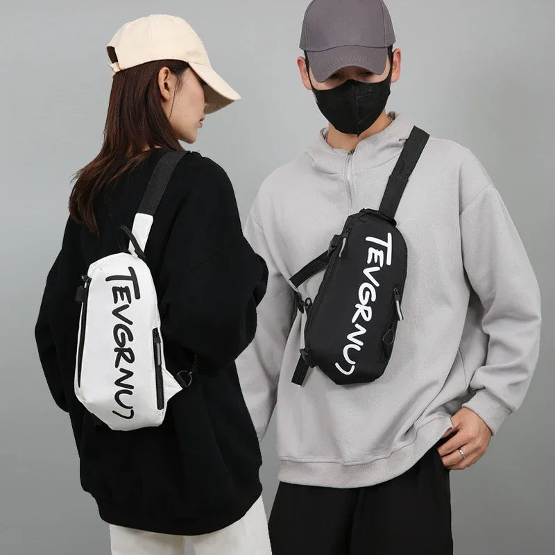 Men's Black Chest Bag Waterproof Nylon Letter Print Women White Crossbody Shoulder Bag Sports Couple Hiking Small Backpack Packs Zen fit plus