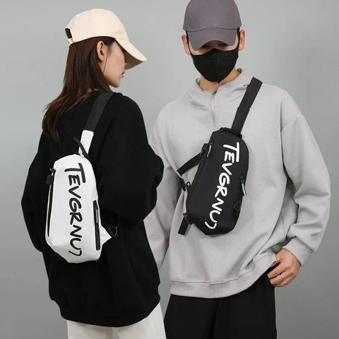 Men's Black Chest Bag Waterproof Nylon Letter Print Women White Crossbody Shoulder Bag Sports Couple Hiking Small Backpack Packs Zen fit plus