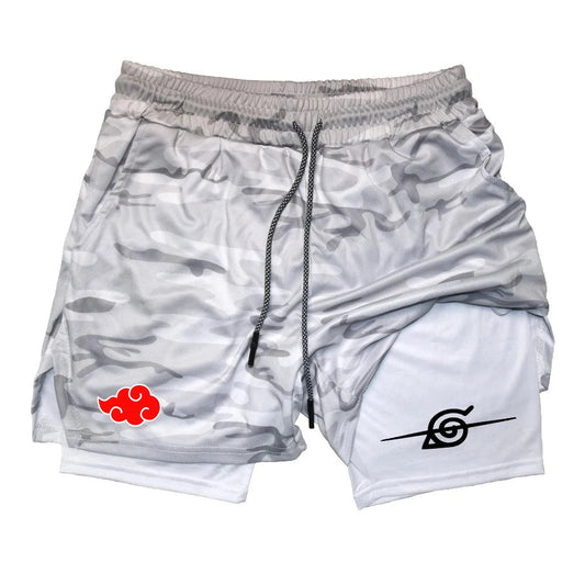 Men Anime Double Layer Shorts Gym Workout Printed Sports Multi-Performance Training Quick-Drying Jogging Pants Towel Pants M-3XL Zen fit plus