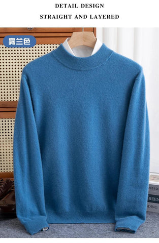 New Fashion Men's 100% Wool Pullover Half-high Collar Sweater Autumn Winter Warm Solid Color Knit Sweater Business Casual Top - Zen Fit Plus