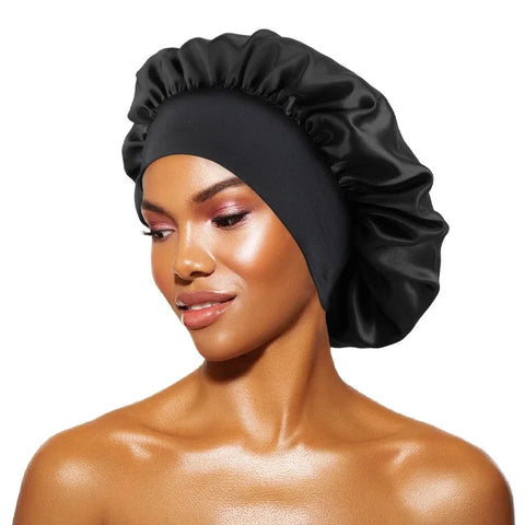 Women's Satin Solid Bonnets Wide-brimmed Night Sleeping Bathing Hat Unisex Head Wrap Elastic Band Cap Hair Care Bonnet Zen Fit Plus