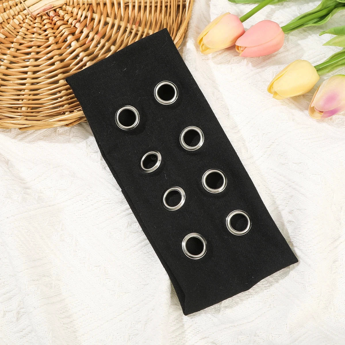 AWAYTR Punk Girl Fabric Hollow Elastic Headbands Metal Rock Personalized Hollow Eyelets Hair Band Casual Sports Grommet Headband Zen Fit Plus