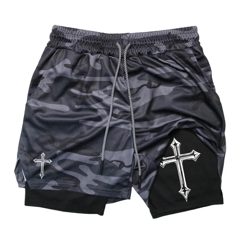 Cross Print 2 in 1 Workout Running Shorts for Men Christian Gym Athletic Shorts with Compression Liner Phone Pocket Towel Loop Zen fit plus