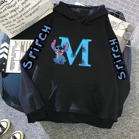 2024 Women's Winter Jacket Cute Kawaii Disney Lilo & Stitch Lucky Letter Print Black Hoodie Fashion Couple Streetwear Sportswear Zen fit plus