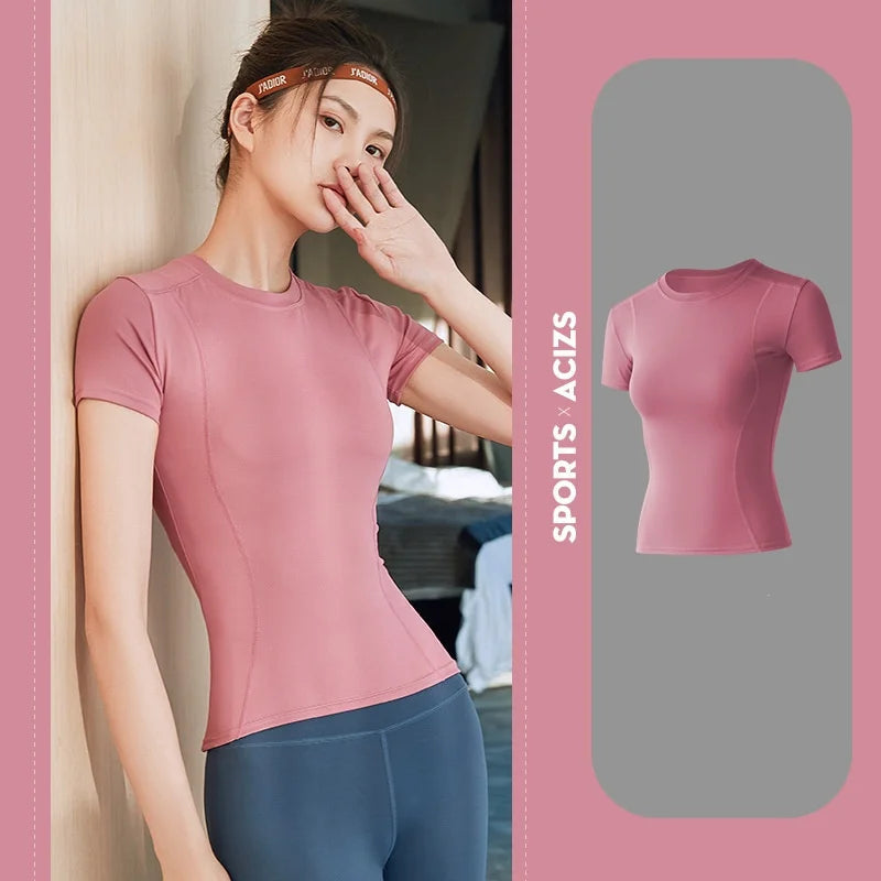 2024 Women's Sports Fitness Clothing Slim Running Sweat Absorbing Skinny Yoga Clothes Quick Drying Clothes Short Sleeved T-shirt Zen fit plus