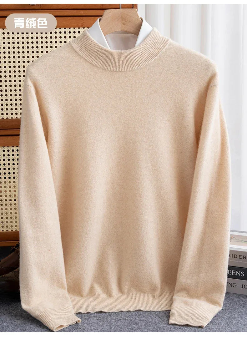 New Fashion Men's 100% Wool Pullover Half-high Collar Sweater Autumn Winter Warm Solid Color Knit Sweater Business Casual Top - Zen Fit Plus