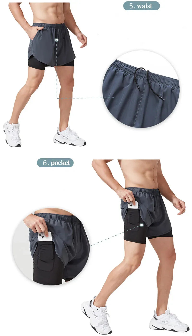 Men's Running Shorts Quick-drying Fitness Black Double Layer Shorts Men New Sport Workout Training Bodybuilding Short Pants - Zen Fit Plus
