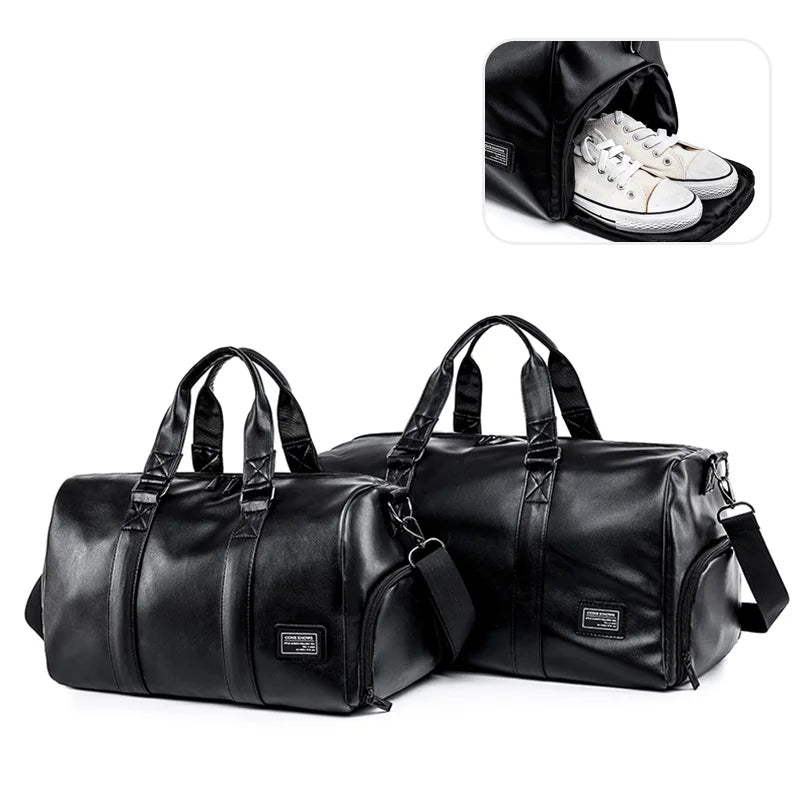 Large Sports Fitness Bag with Shoes Pocket for Men, Black Soft Leather, Big Gym Handbag, Outdoor Sports Luggage Pack, Tote Bags Zen fit plus