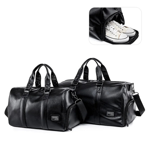 Large Sports Fitness Bag with Shoes Pocket for Men, Black Soft Leather, Big Gym Handbag, Outdoor Sports Luggage Pack, Tote Bags Zen fit plus