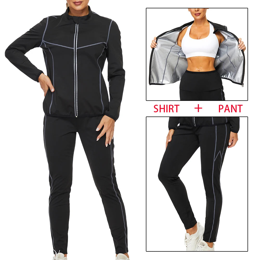 SEXYWG Women Sauna Suit for Weight Loss Sweat Top Pants Fitness Jacket Leggings Thermo Long Sleeves Trousers Body Shaper Gym Zen fit plus