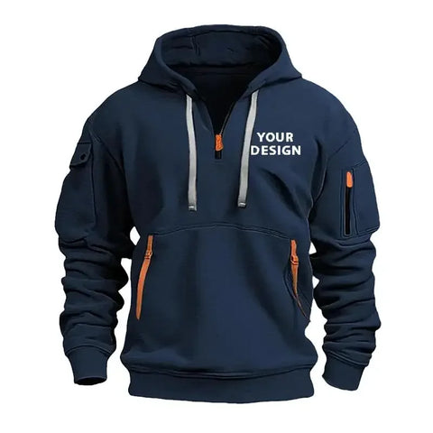 European New Men's Sports Zipper Arm Pocket Loose Casual Sweatshirt Customize Your Logo Dropped Shoulder Hooded Jacket Pullover - Zen Fit Plus